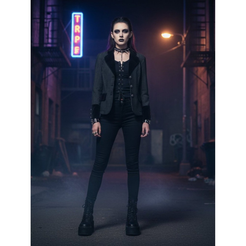 Tripp NYC Daang Goodman Pinstripe Skull Button Velvet Trim Gothic Blazer‎ Large
